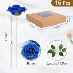 16Pcs Artificial Flowers Fake Roses with Stems, Royal Blue Boxed Foam Roses