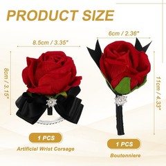 2Pcs Wrist Corsage Boutonnieres Set with Black Ribbon, Bright Red