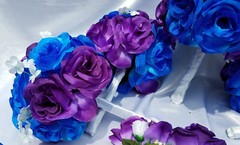 25 pc, Wedding Bouquet Package, Blue & Purple Roses, White Flower, White Ribbon