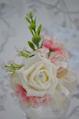 Wrist corsage for wedding prom ball grad. Diamante/pearl/ ribbon bracelet bride
