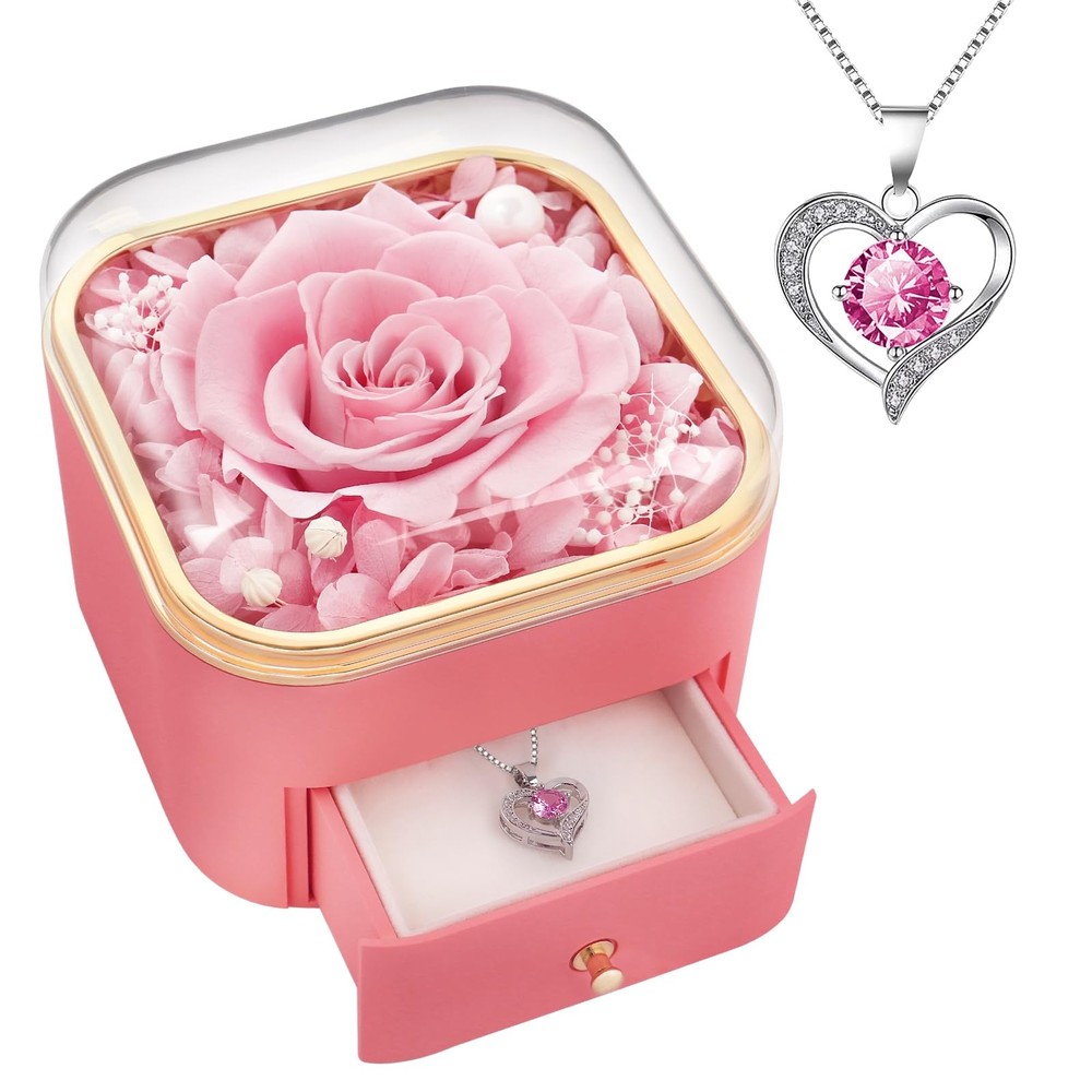 Beferr Gifts for Mom Preserved Real Rose with Necklace Eternal Roses B Pink