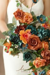 Ling’s Moment Teal Bridal Bouquet Cascading, 11 Inch Orange Wedding Bouquets …