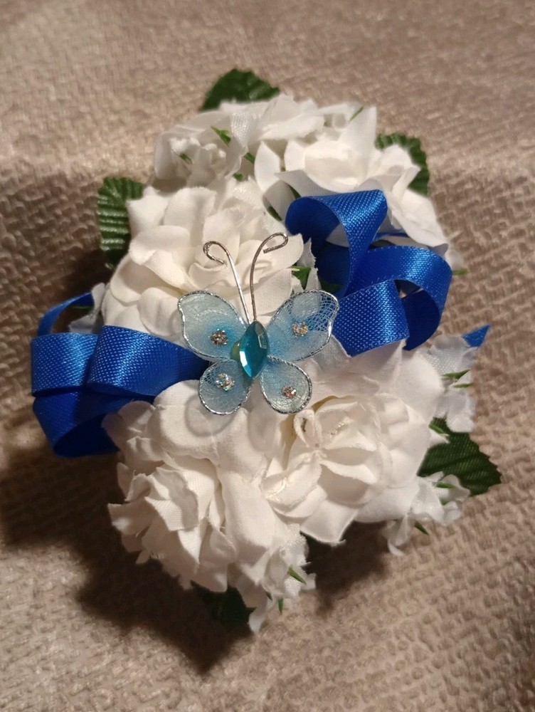 NEW 5″ Artificial White Rose Wrist Corsage W/Blue Butterfly, Royal Blue Bow Bout