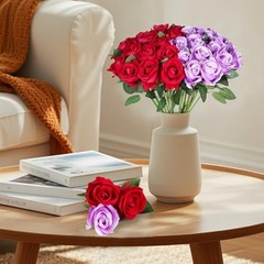 40 PCS Artificial Flowers Fake Roses with Long Stem Realistic Rose+purple