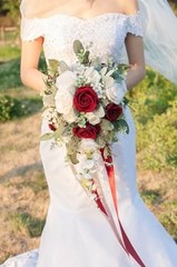 12″ Burgundy & White Cascading Bridal Bouquet – Silk Wedding Flowers for Bride