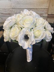 White Roses with Black center Anemone with Matching boutonnière ( magnet)
