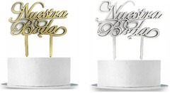 NUESTRA BODA CAKE TOPPER WOOD GLITTER GOLD/SILVER BRIDAL CAKE TOPPER PIC