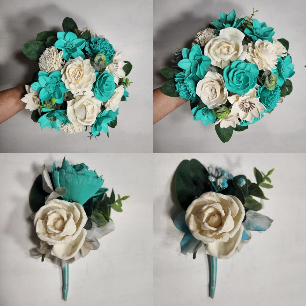 Aqua Ivory Rose Real Touch Bridal Wedding Bouquet Accessories