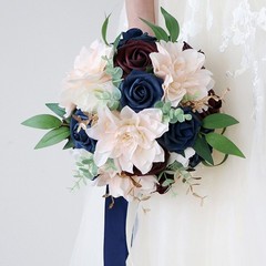 Wedding Bouquet Pink Burgundy & Blue Bride Bridal Bridesmaid Bouquets Silk