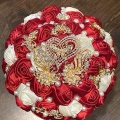 Wedding Bouquet Red/White Roses Bling Decor Marriage Bride Maid Matron (A)