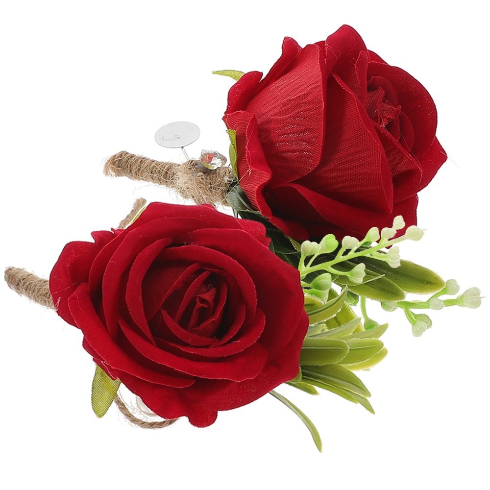2Pcs Red Simulated Flower Boutonniere for Wedding Party Bride and Groom