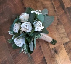 14PC White Peony Rose Sola Wood Cascade Bridal Bouquet Wedding Groom Flower Set