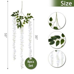 8pcs Artificial Wisteria Flowers 4.58Ft Fake Silk Wisteria Vine White-8pcs