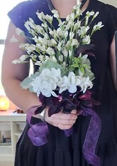 Bridal Bouquet Purple Orchids White Flowers Purple Feathers