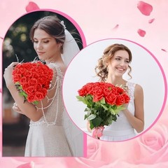 36 Pcs Silk Rose Bouquet Bridal Artificial Flowers,Fake Rose Long Stem Red