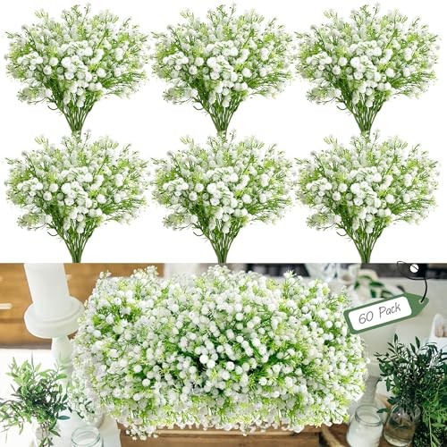 Pcs Babys Breath Artificial Flowers Bulk, White Real Touch Faux Baby Breath 60