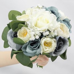 Set of 6 Dusty Blue & White Artificial Bridesmaid Bouquets 11 Inch Round Wedding