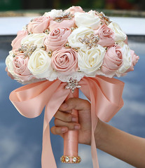 Pale Pink & Ivory Satin Rose Bridal Toss Bouquet – 9.4″ Handmade Floral Bunch