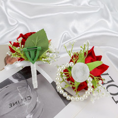 2Pcs Red Rose Corsage and Boutonniere Set Corsage Wristlet Band Bracelet for Pro