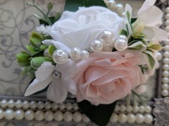 Wrist Corsage Blush And White Roses, Pearls On Pearl Wristlet, Real Touch Roses