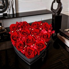 HyeFlora 12 Pcs 12 Preserved Roses + Red Drangea + Golden Ball, Classic