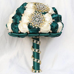 Emerald Green Ivory Bridal Wedding Bouquet with Gold Rhinestone Pearl for Quince