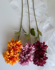 Dahlia Flower Stems Faux Silk Flowers Orange Mauve Burgundy Floral Spray x 1
