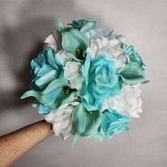 Aqua Tiffany White Rose Calla Lily Bridal Wedding Bouquet Accessories