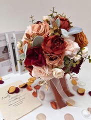 Burnt Orange Wedding Bouquet, Artificial Flowers Bridal Cascading Bouquets, V…