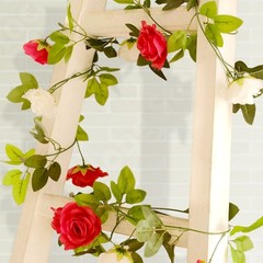 2 RED IVORY 7 ft long Silk Rose Wedding Garland Leaves Bendable Wire Vines Home