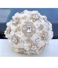 Hmplimue Handmade Ivory Silk Rose Bridal Bouquet 7.5” w/Rhinestones