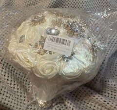 Hmplimue Handmade Ivory Silk Rose Bridal Bouquet 7.5” w/Rhinestones