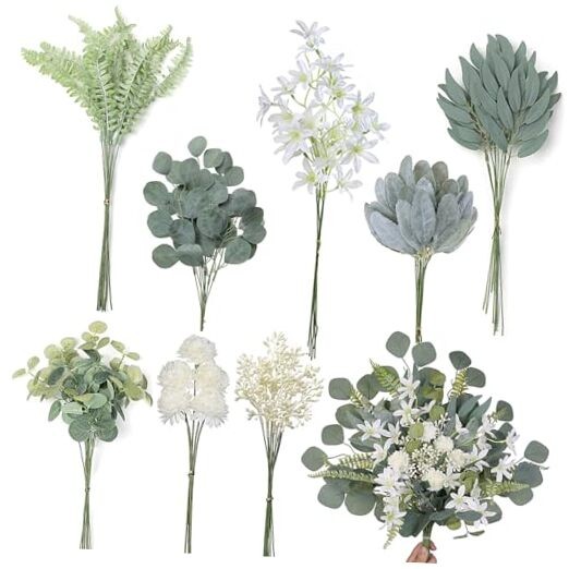 Artificial Greenery Stems Box Set(Pack of 65pcs) with 8 Beige&dusty Green