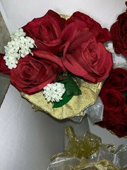 LOT OF 8 SILK Red Rose Wedding Bouquets with Gold Wired Ribbon & Gold & Shiny