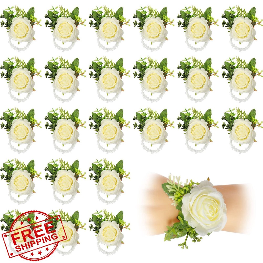 Sherr White Rose Wrist Corsage Bands, 60 Pcs, Wedding Bridesmaid Flowers