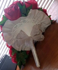 New 14″ Long Red Rose Cascade Bride Bouquet And Boutonniere- Ivy, Babies Breath