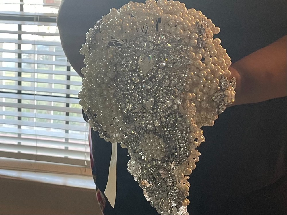 Cascading bridal bouquet, stone and pearls, custom made, heavy