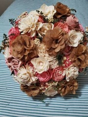 Bride, Bridesmaid, and Toss Sola Wood and Burlap Bouquets