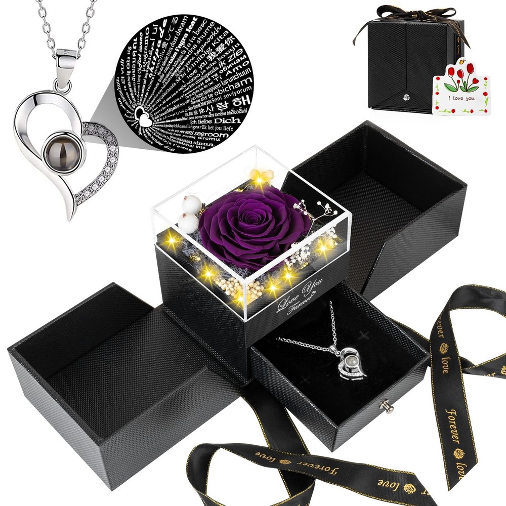 FOCIE Preserved Purple Real Rose with I Love You Necklace -Eternal