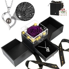 FOCIE Preserved Purple Real Rose with I Love You Necklace -Eternal