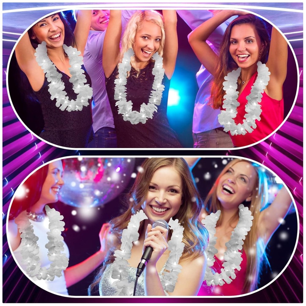 LED Light Up Hawaiian Leis – 24 White Flower Necklaces