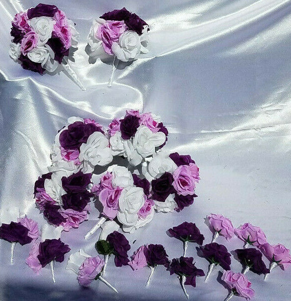 20 Pc Wedding Bouquet Set, Purple Roses, Lavender Roses, White Roses