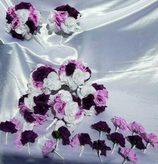 20 Pc Wedding Bouquet Set, Purple Roses, Lavender Roses, White Roses