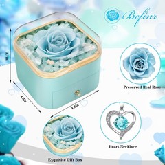 Beferr Gifts for Mom Preserved Real Rose with Necklace Eternal Light Blue