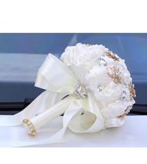 Hmplimue Handmade Ivory Silk Rose Bridal Bouquet 7.5” w/Rhinestones