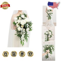 Elegant Ivory White Silk Bridal Bouquet 15″ Cascading Roses Hydrangeas Keepsake
