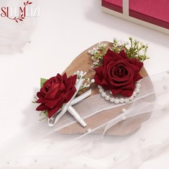 Silk Red Rose Corsage and Boutonniere Set for Prom Wedding Party Gift Box