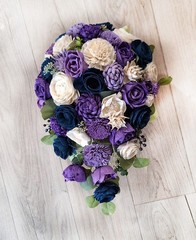 Purple & Navy Cascading Bridal Bouquet Lavender Blue Sola Wood Wedding Flowers