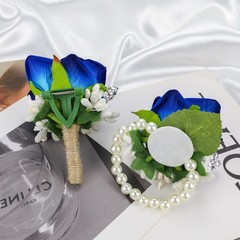 SITUMEIZI 2Pcs Blue Corsage and Boutonniere Set,Corsage Wristlet for Prom Decor,
