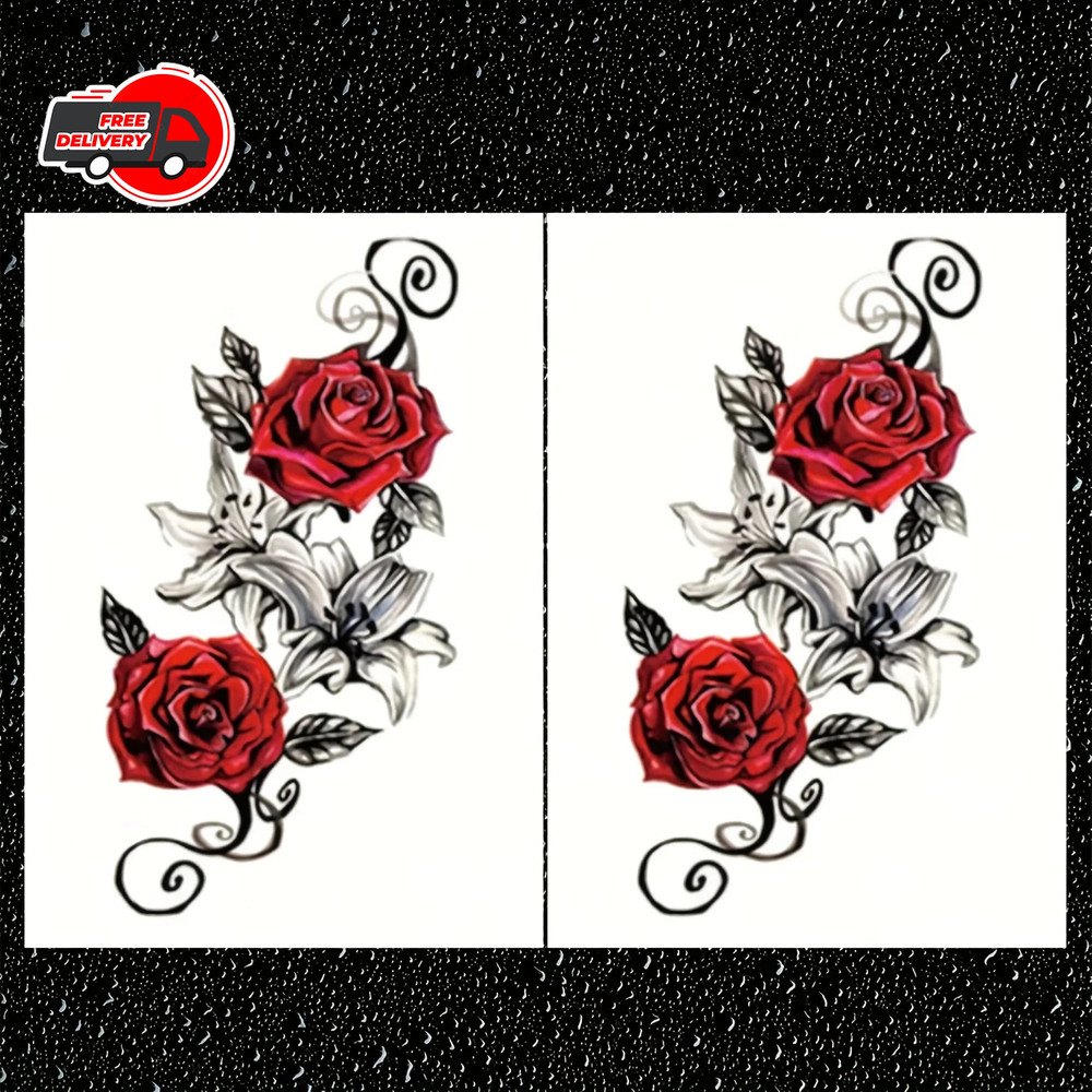 2pcs Red Waterproof Temporary Rose Flower Tattoos for Arm Leg Chest Thigh Women